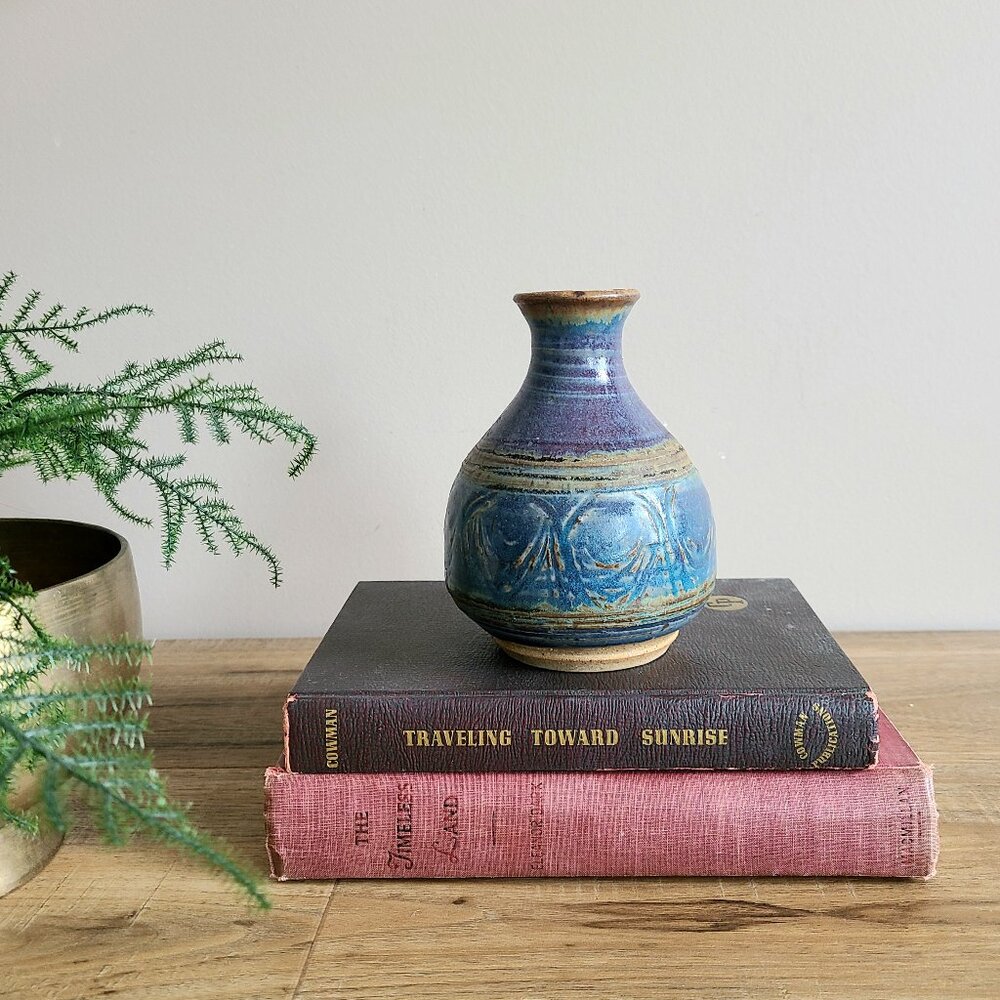 Vintage Pottery Ceramic Blue Vase. Signed by artist.